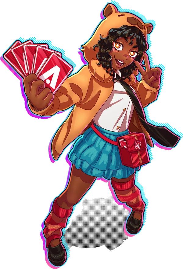 Nanda, mascote do Conexão TCG Brasil, com suas cartas na mão.